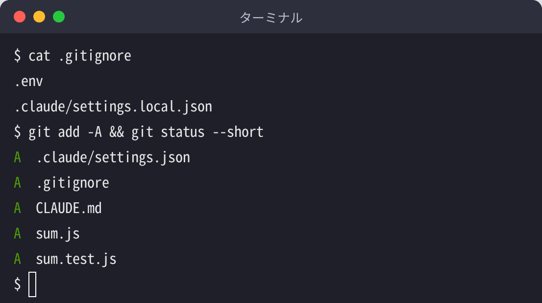 .gitignore に .claude/settings.local.json を書き、git status で共有用の .claude/settings.json だけが追加対象になっていることを確認したターミナルの画面