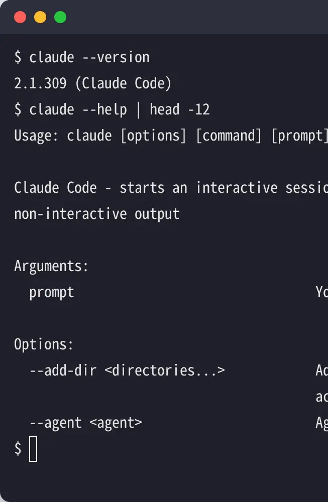 claude --version でバージョン2.1.309が表示され、claude --help の先頭に使い方とオプションが出た画面（左）