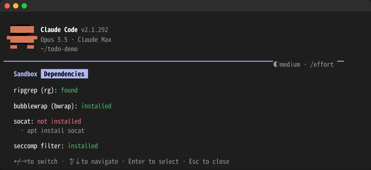 Claude Codeで/sandboxを実行した画面。Dependenciesタブにripgrep、bubblewrap、socat、seccomp filterの導入状況が表示されている