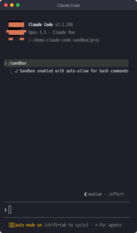 Mode タブで auto-allow を選んだ直後の画面。「Sandbox enabled with auto-allow for bash commands」と表示されている（Linux・v2.1.296）