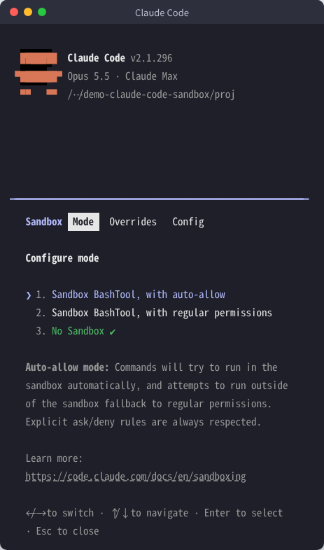 Claude Codeで /sandbox を実行した Mode タブの画面。「Sandbox BashTool, with auto-allow」「Sandbox BashTool, with regular permissions」「No Sandbox」の3つから選ぶ（Linux・v2.1.296）