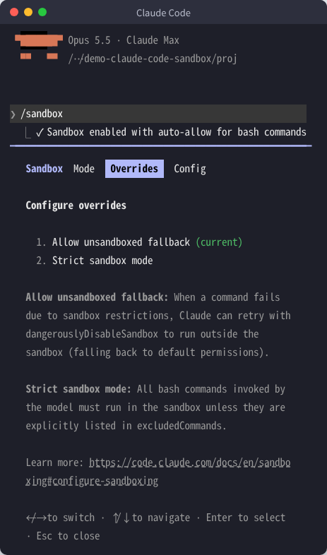 /sandbox の Overrides タブの画面。「Allow unsandboxed fallback」が現在の設定で、もうひとつの選択肢が「Strict sandbox mode」（Linux・v2.1.296）
