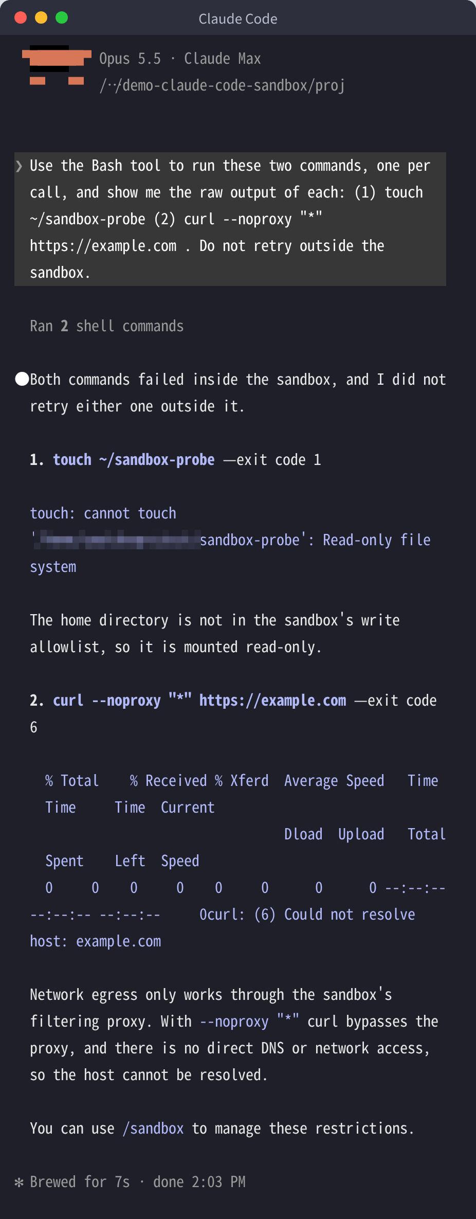サンドボックスを有効にした状態で Claude に touch ~/sandbox-probe と curl --noproxy を実行させた結果。touch は Read-only file system、curl は Could not resolve host で失敗している（ホームのパスはぼかしてある）