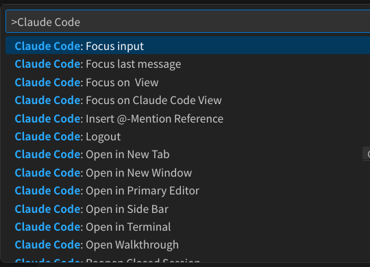 VS Codeのコマンドパレットに「Claude Code」と入力し、Focus input・Open in New Tab・Open in Side Bar などのコマンドが並んでいる画面