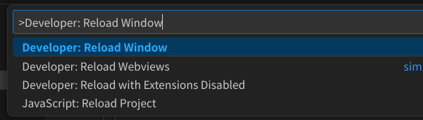 VS Codeのコマンドパレットに「Developer: Reload Window」と入力した画面