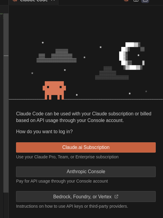 VS CodeのClaude Code拡張機能を初めて開いたときのサインイン画面。Claude.ai Subscription、Anthropic Console、Bedrock, Foundry, or Vertex の3つのボタンが並んでいる