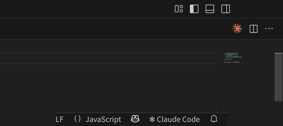 VS Codeでファイルを開いた画面。エディタ右上にClaude CodeのSparkアイコン、右下のステータスバーに「Claude Code」が表示されている