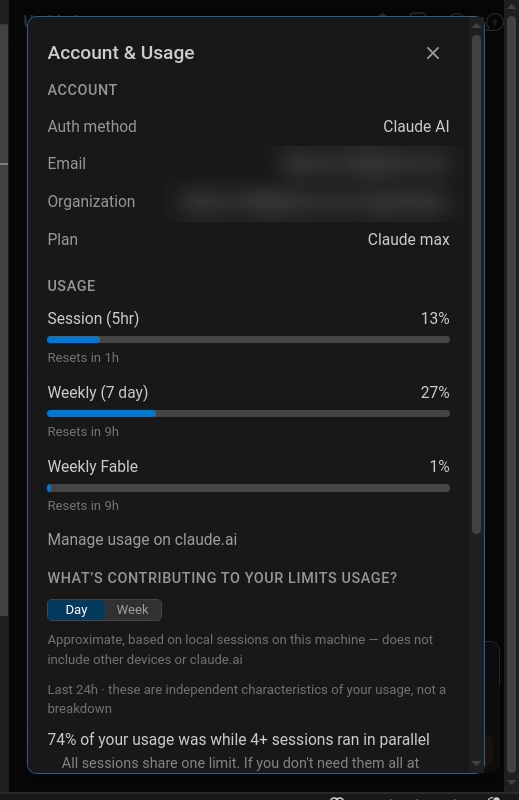 Claude Codeの入力欄で /usage を実行して開いた Account & Usage の画面。認証方法・プランと、5時間のセッション・週ごとの利用量の割合とリセットまでの時間が表示されている(メールアドレスはぼかしてある)