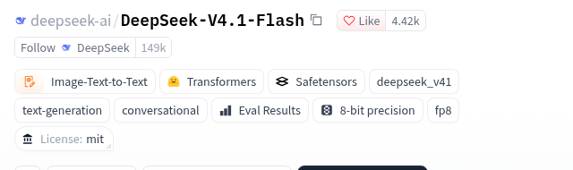 Hugging Face の deepseek-ai/DeepSeek-V4.1-Flash のモデルページ上部。ライセンスは mit と表示されている