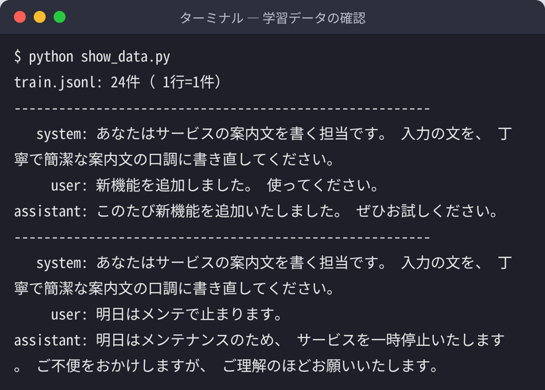 学習データ train.jsonl(24件)の最初の2件を表示したターミナル画面。system・user・assistant の3役の文が1件ずつ並んでいる