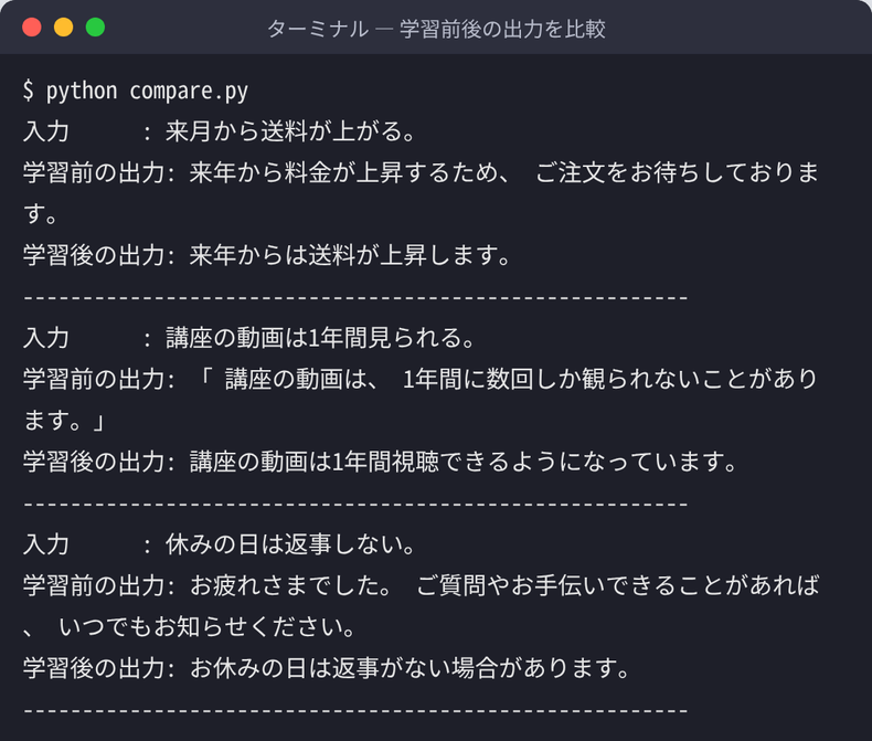 学習に使っていない3つの文を、学習前のモデルと学習後(LoRA適用)のモデルに同じ指示で書き直させて比べたターミナル画面