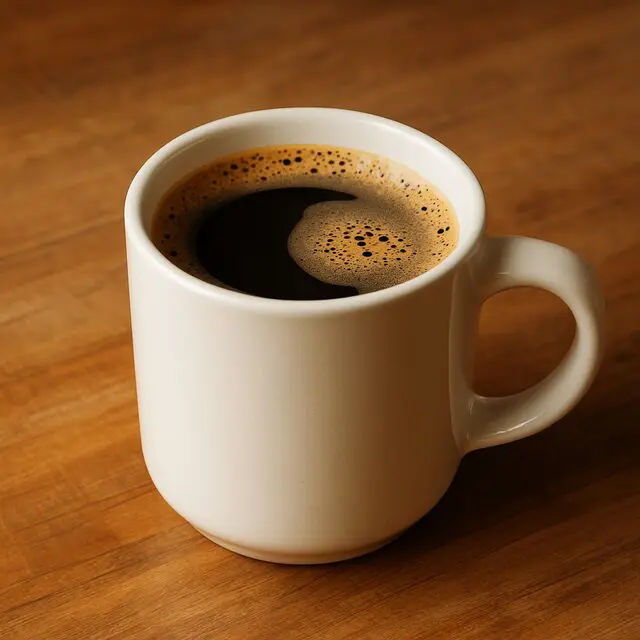 画像生成AIに「a coffee cup」とだけ指示して生成した、木のテーブルの上の白いコーヒーカップの写真風画像