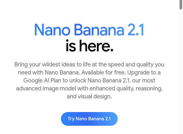 Google Gemini公式ページ「Nano Banana 2.1」の画像生成の紹介画面
