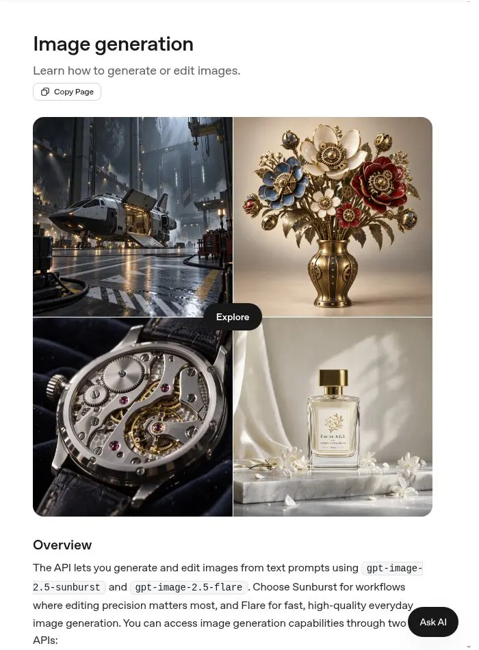 OpenAI公式ドキュメント「Image generation」の冒頭。公式のサンプル画像4点と、画像生成のモデル名 gpt-image-2.5-sunburst・gpt-image-2.5-flare の説明
