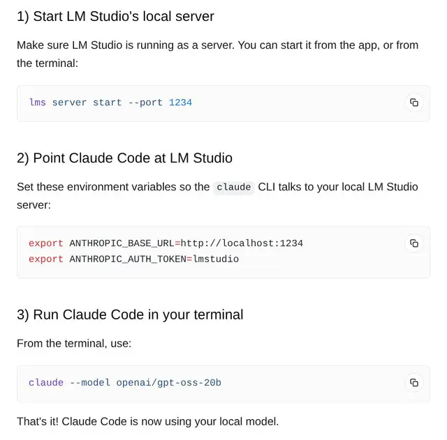LM Studio 公式ブログ「Use Claude Code with LM Studio」の手順。1) lms server start --port 1234 でローカルサーバーを起動、2) ANTHROPIC_BASE_URL=http://localhost:1234 と ANTHROPIC_AUTH_TOKEN=lmstudio を設定、3) claude --model openai/gpt-oss-20b で起動