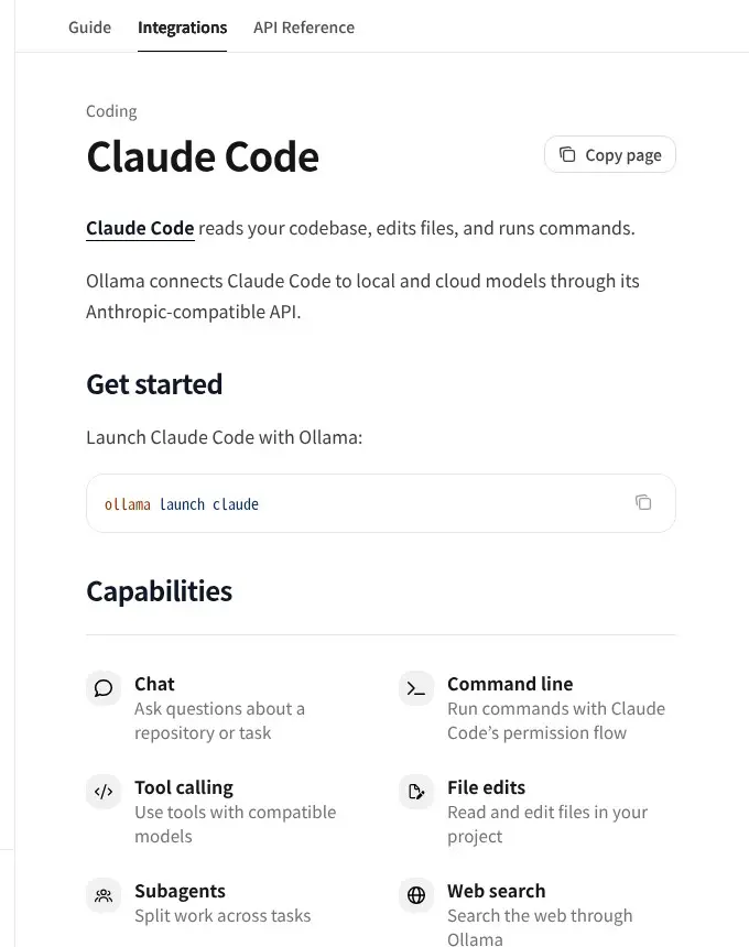 Ollama公式ドキュメントのClaude Code連携ページ。ollama launch claude のコマンドが案内されている
