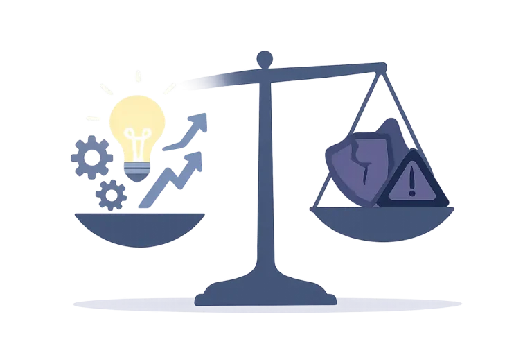 AIの便益とリスクを天秤にかける企業の判断のイメージ
