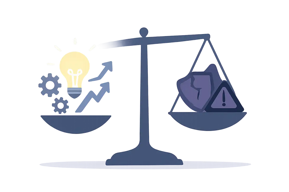 AIの便益とリスクを天秤にかける企業の判断のイメージ