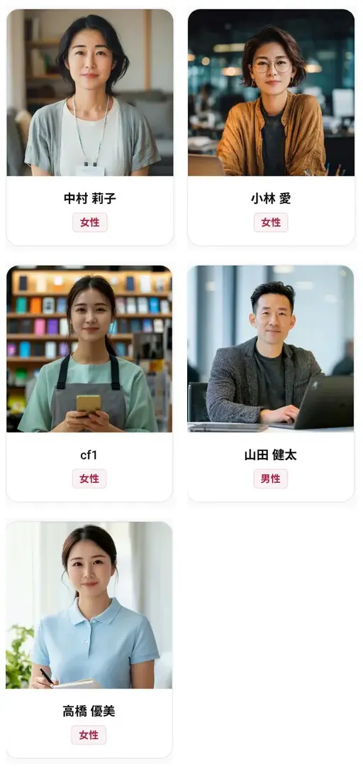 業務用AIアバターのキャラクター一覧。5人のキャラクターの顔写真と名前が並んでいる
