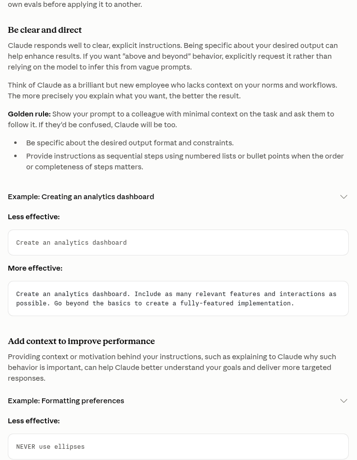 Anthropic公式ドキュメント「Prompting best practices」の「Be clear and direct」の節。明確で直接的な指示を書くこと、文脈を知らない同僚に見せて迷わないかを確かめる黄金律、効果の低い例と高い例が表示されている