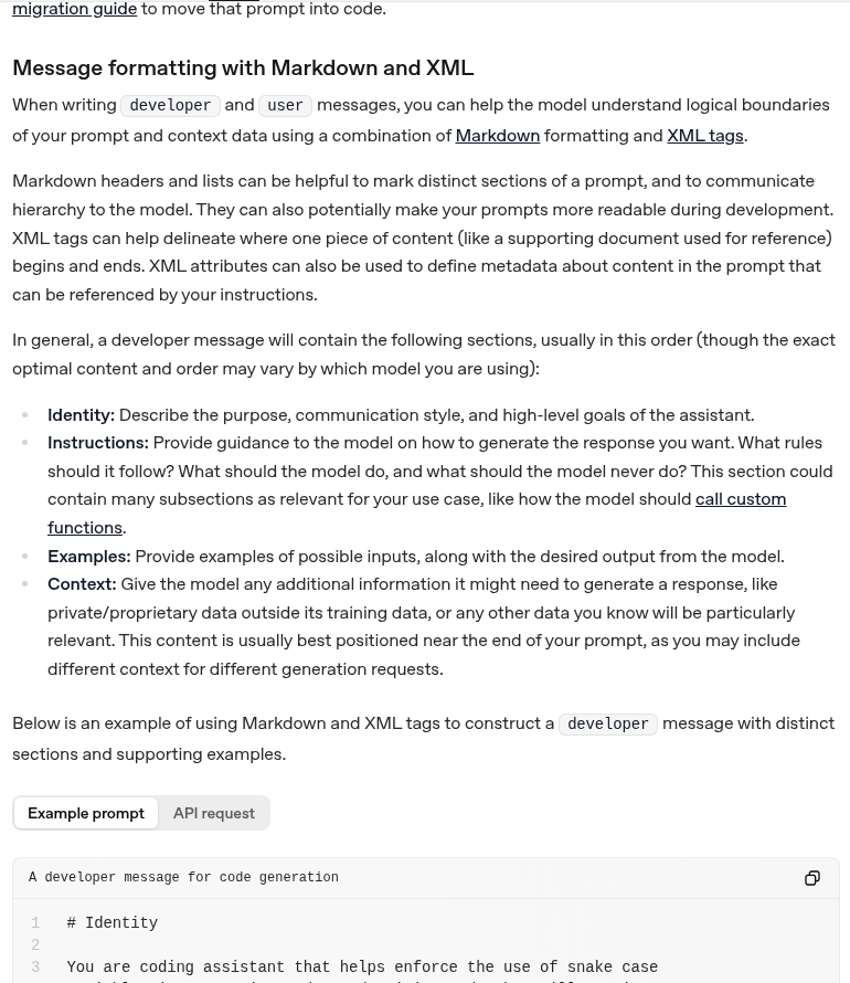OpenAI公式ドキュメント「Prompt engineering」の「Message formatting with Markdown and XML」の節。開発者メッセージをIdentity・Instructions・Examples・Contextの順で書く構成の説明が表示されている