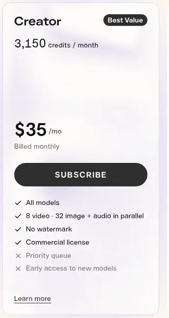 Pikaの公式料金ページのCreatorプラン。月35ドル、透かしなし（No watermark）・商用ライセンスあり（Commercial license）と表示されている