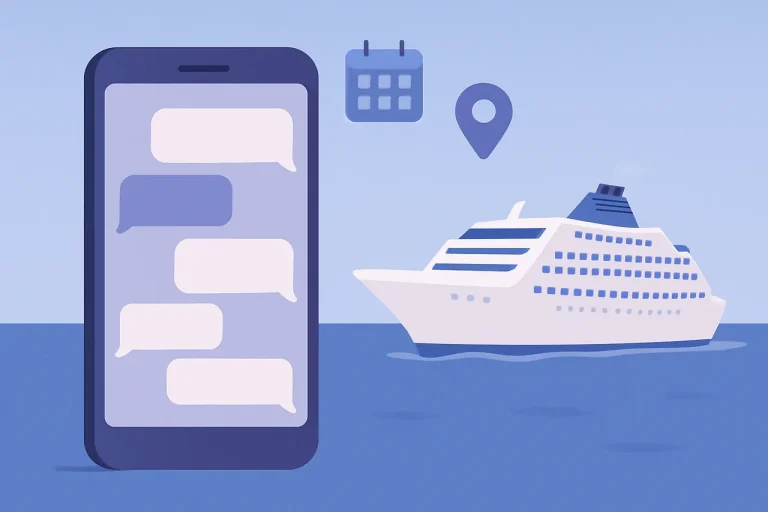 スマートフォンのチャット画面とクルーズ船のイラスト