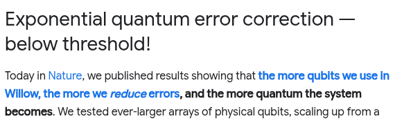 Google公式ブログ「Meet Willow」の該当部分の画面。見出し「Exponential quantum error correction — below threshold!」と、量子ビットを増やすほど誤りが減るという説明が表示されている