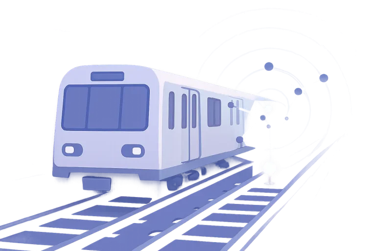 停止位置の目印に向かう地下鉄車両と、車両と線路をつなぐセンサー信号のイラスト