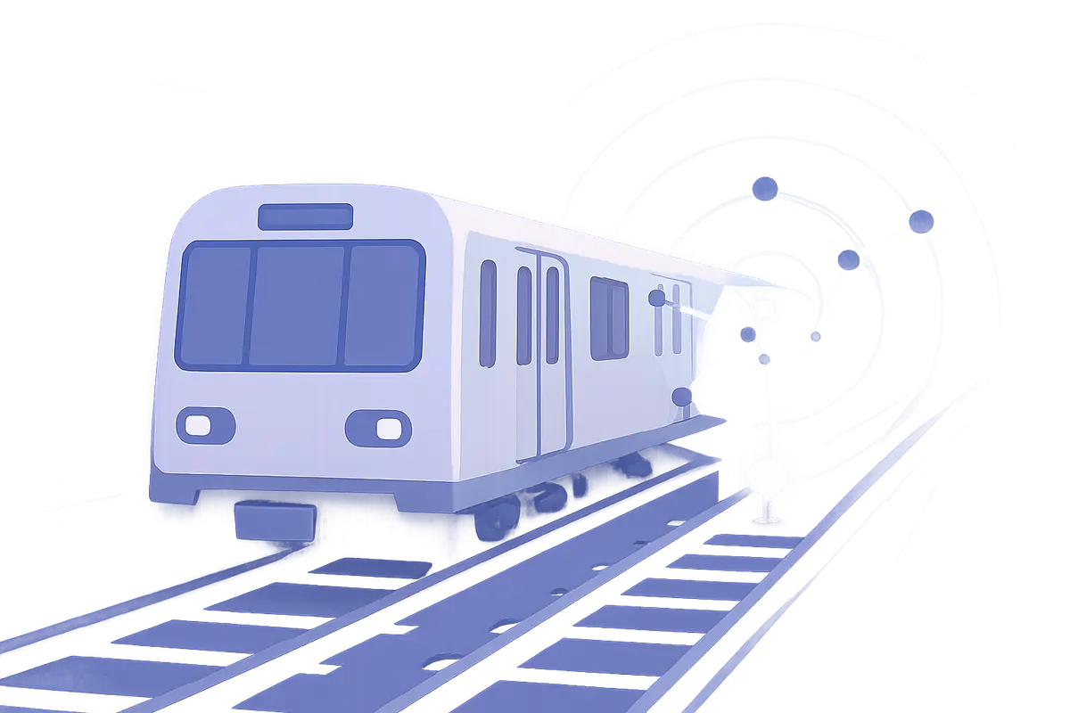 停止位置の目印に向かう地下鉄車両と、車両と線路をつなぐセンサー信号のイラスト