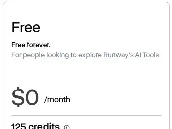 Runway公式の料金ページのFreeプラン。Free forever・月0ドル・125クレジットと表示されている