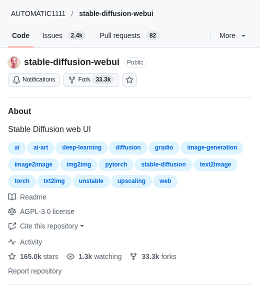 AUTOMATIC1111 stable-diffusion-webuiの公式GitHubリポジトリ。ライセンスはAGPL-3.0