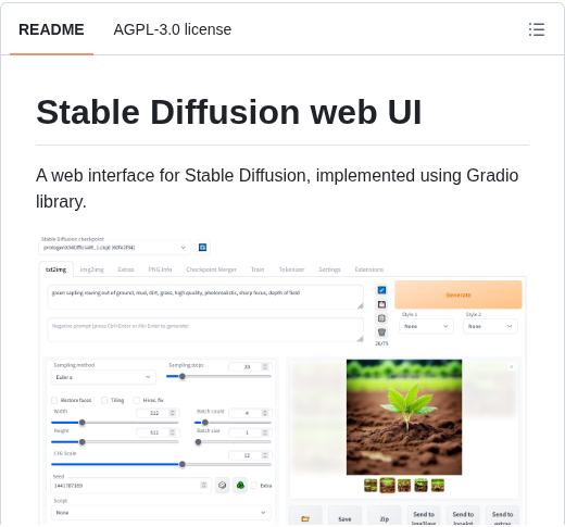 AUTOMATIC1111 stable-diffusion-webuiのREADMEに載っている画面。プロンプト欄・ネガティブプロンプト欄・サンプリング設定・生成結果がある