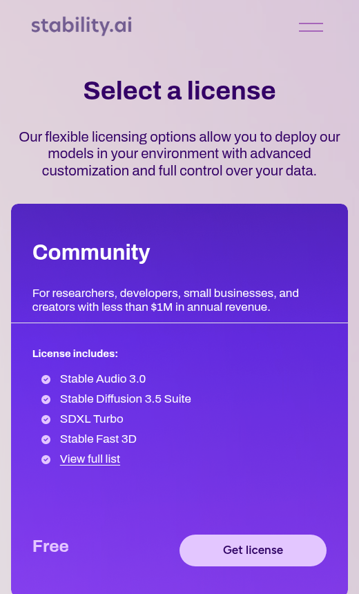 Stability AI公式のライセンス選択ページ。Communityは年間収益100万ドル未満の研究者・開発者・小規模事業者向けで無料、Enterpriseは年間収益100万ドルを超える事業者向け