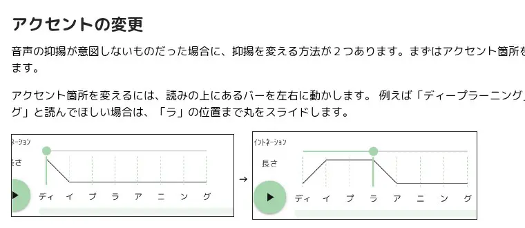 VOICEVOX公式「使い方」ページの画面。アクセント箇所の丸を左右に動かして読み方を変える
